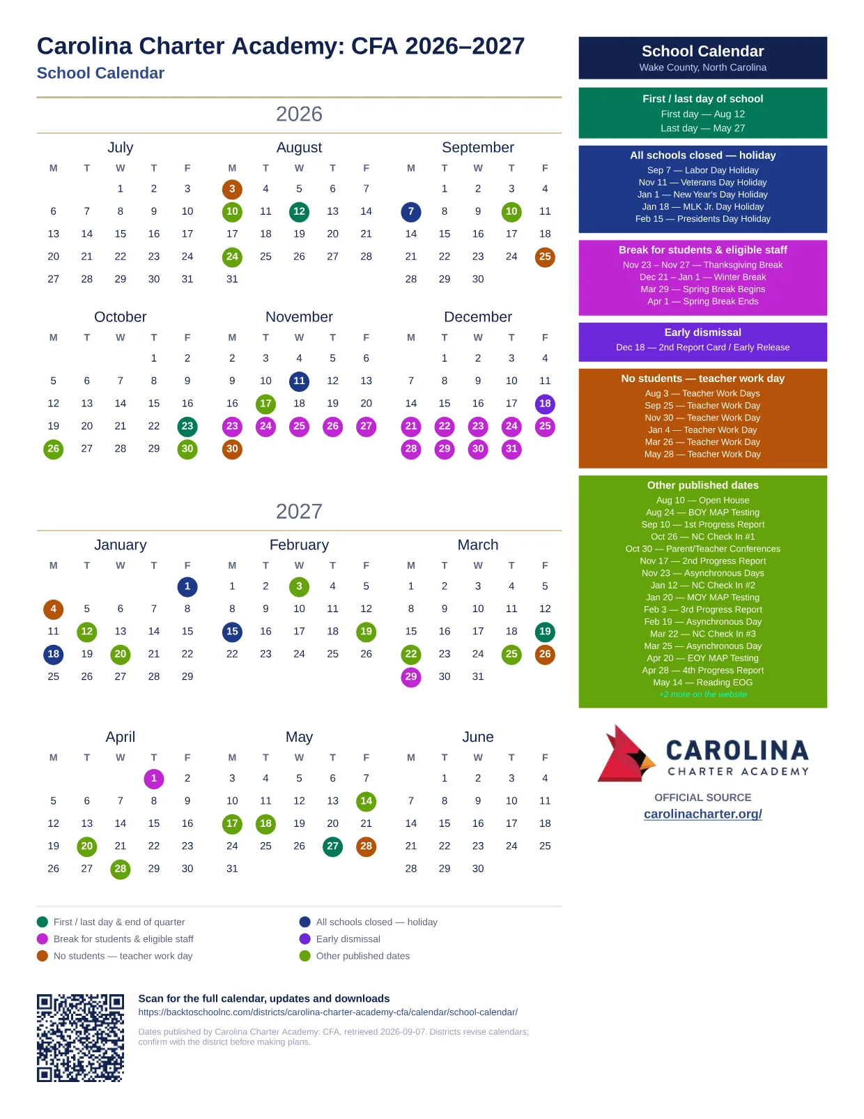 Carolina Charter Academy: CFA School Calendar 2026–2027 printable calendar