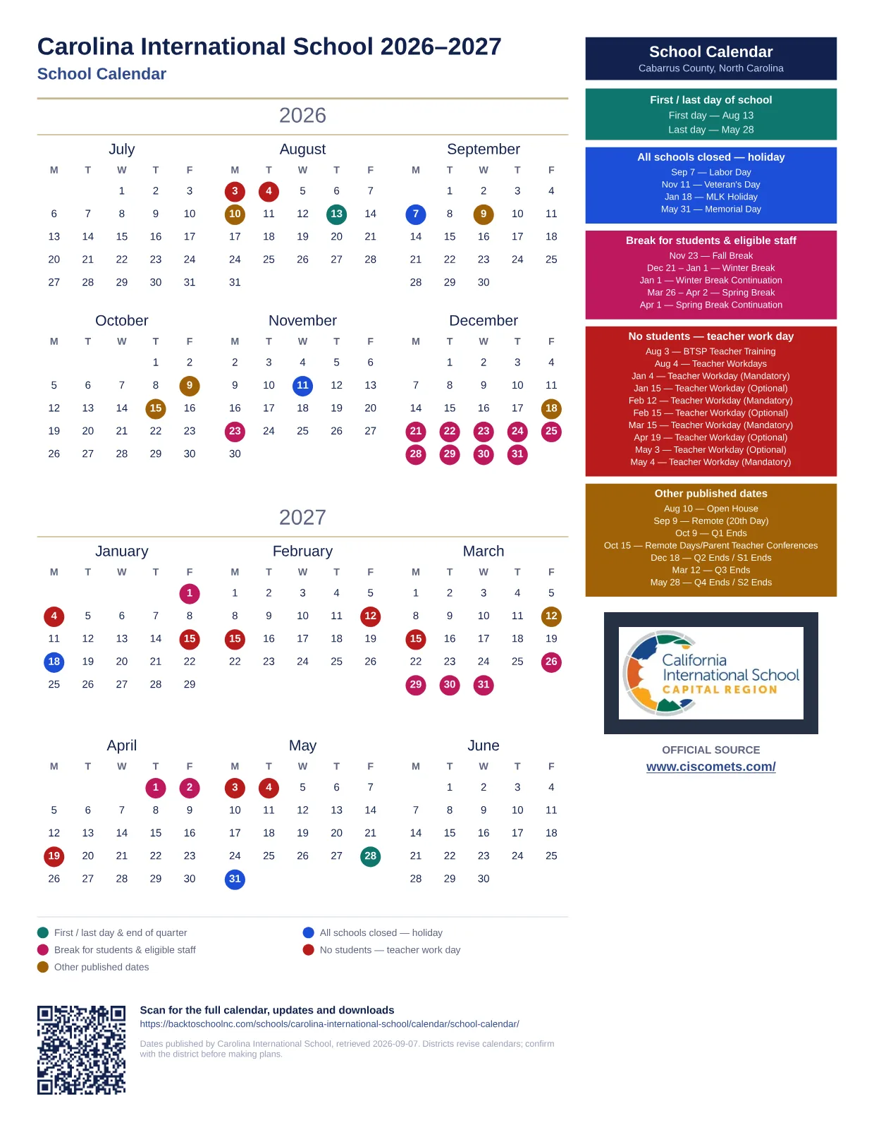 Carolina International School School Calendar 2026–2027 printable calendar