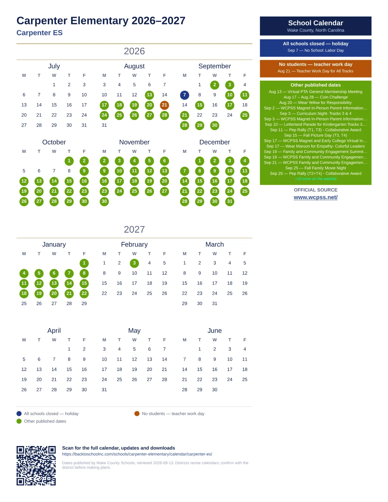 Carpenter Elementary  printable calendar