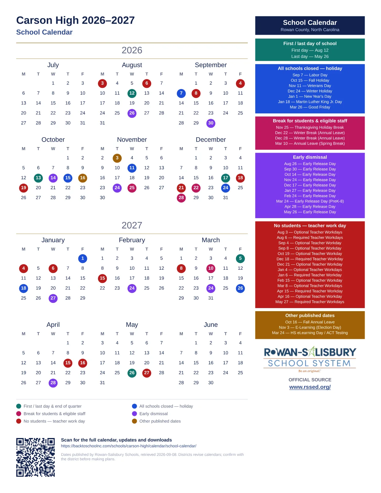 Carson High 2026–2027 printable calendar