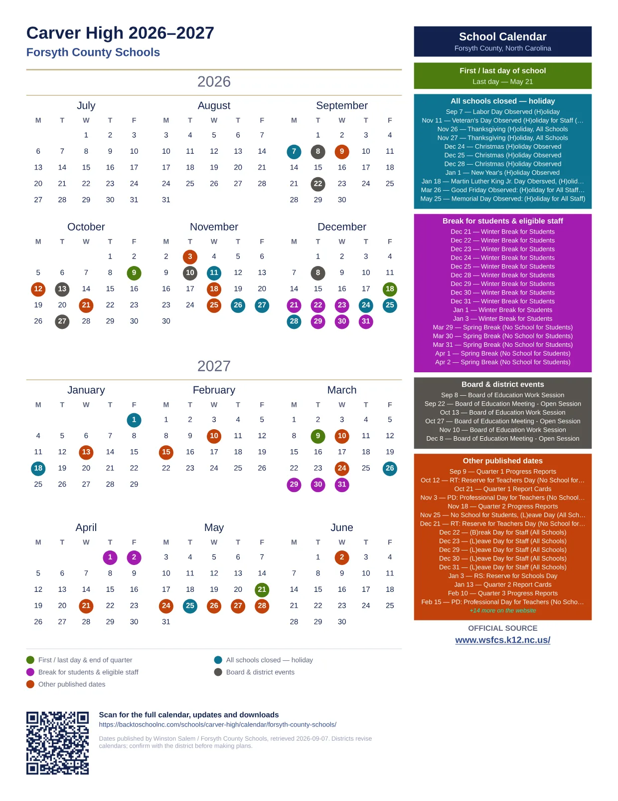 Carver High  printable calendar