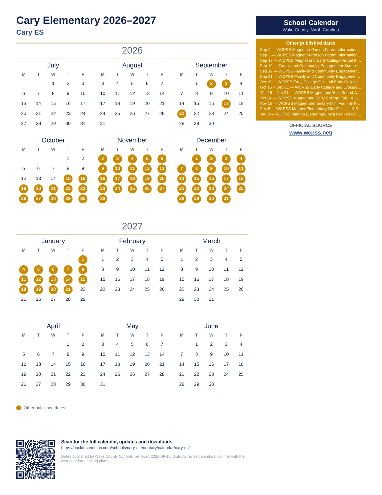 Cary Elementary  printable calendar