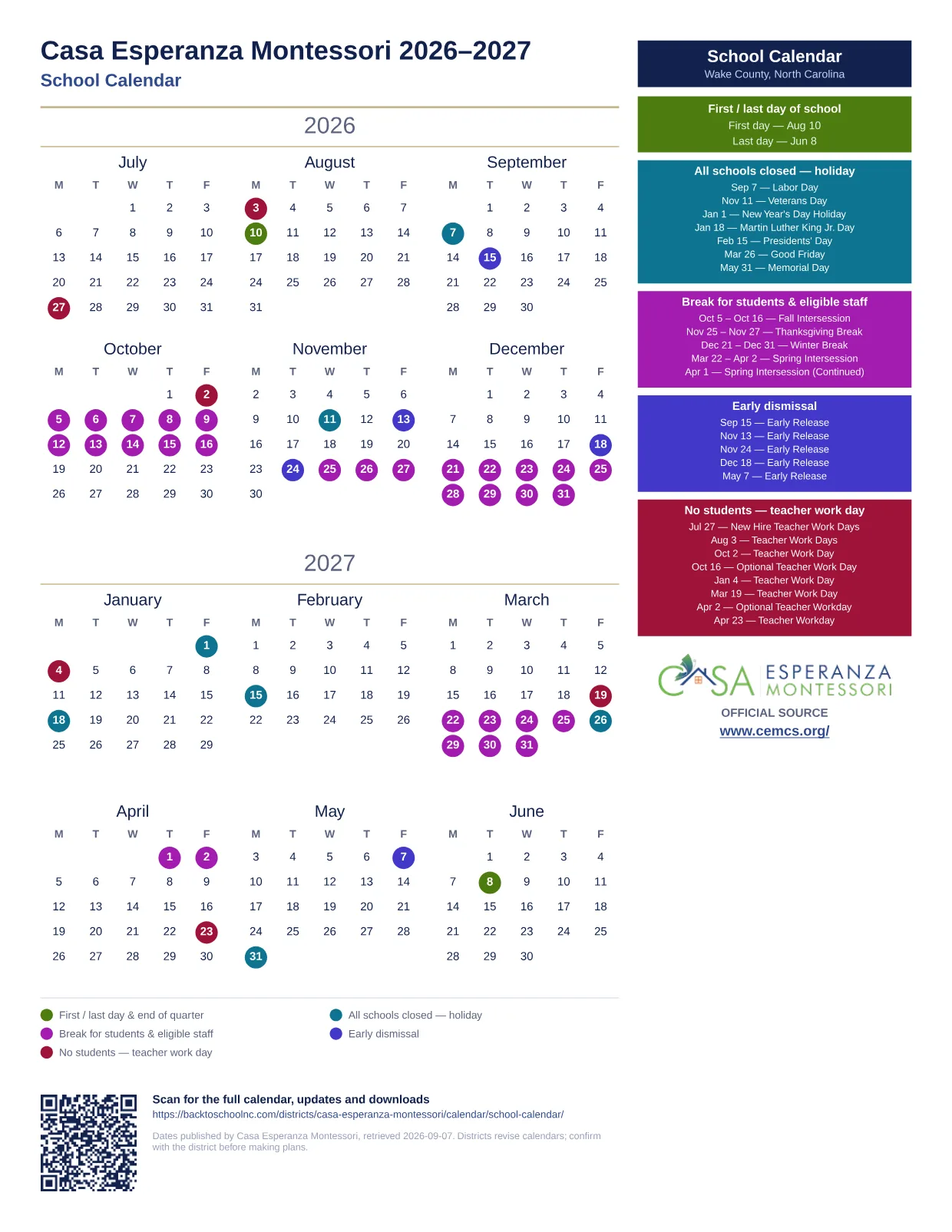 Casa Esperanza Montessori School Calendar 2026–2027 printable calendar