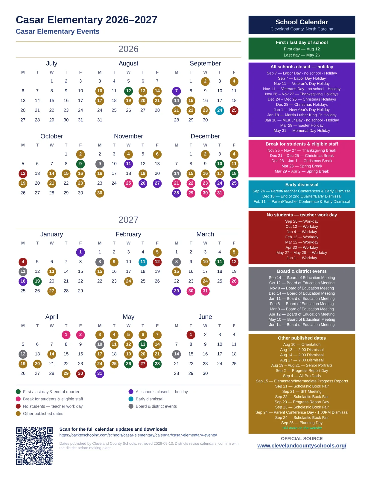 Casar Elementary 2026–2027 printable calendar