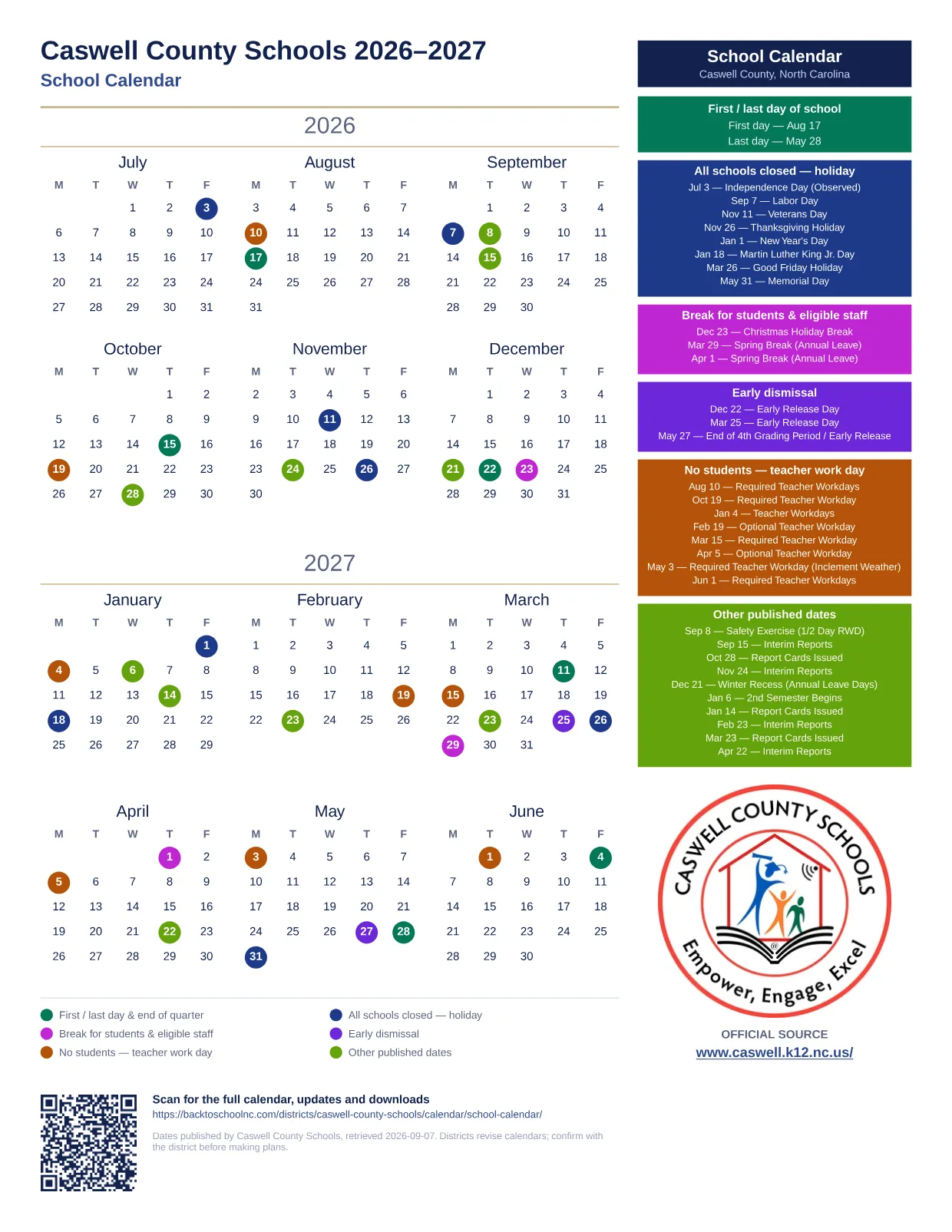 Caswell County Schools School Calendar 2026–2027 printable calendar