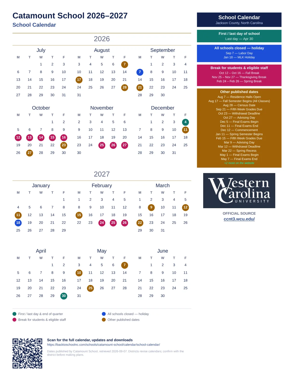 Catamount School School Calendar  printable calendar