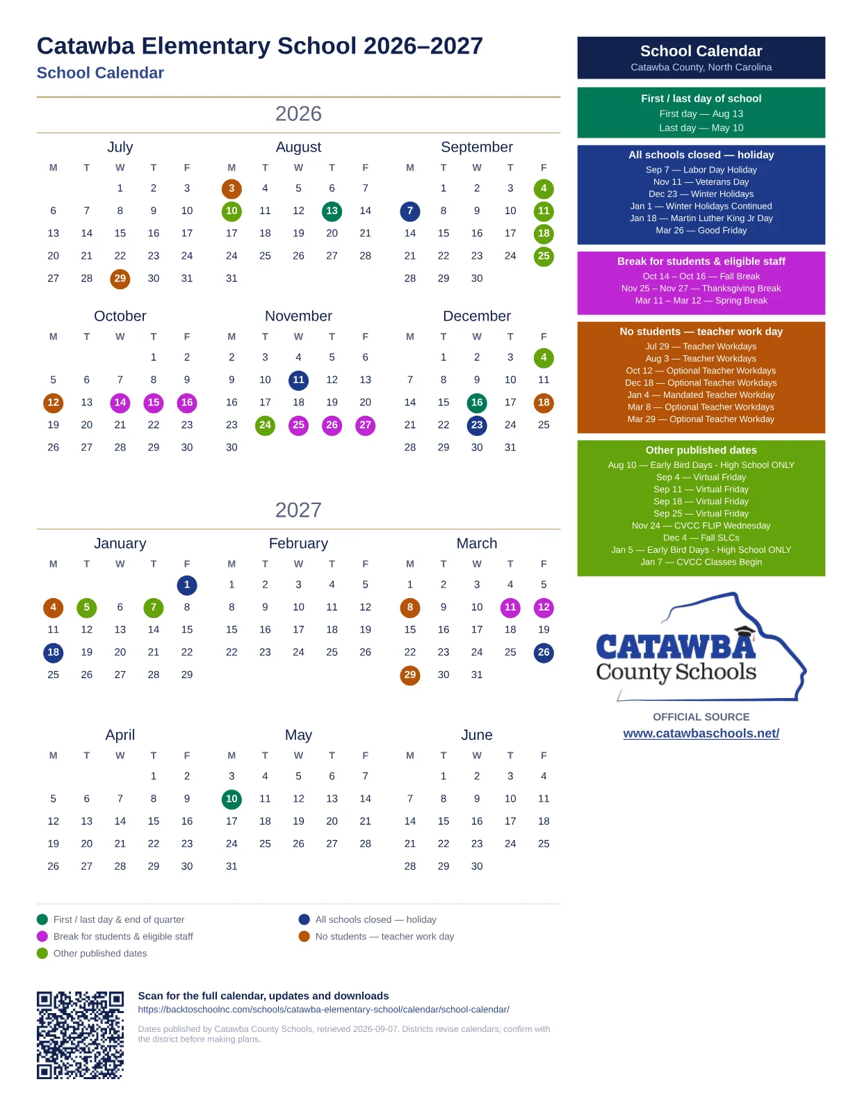 Catawba Elementary School 2026–2027 printable calendar