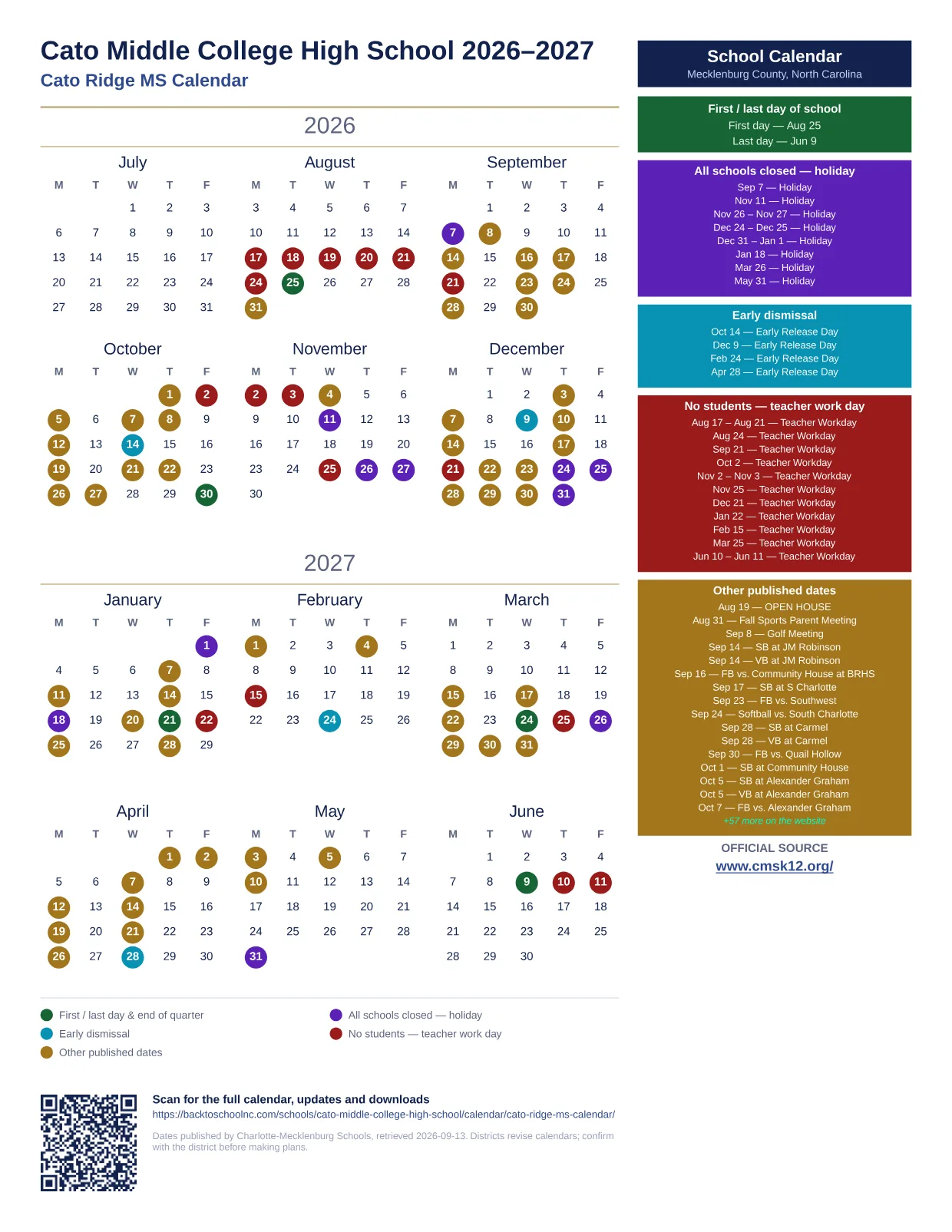 Cato Middle College High School 2026–2027 printable calendar