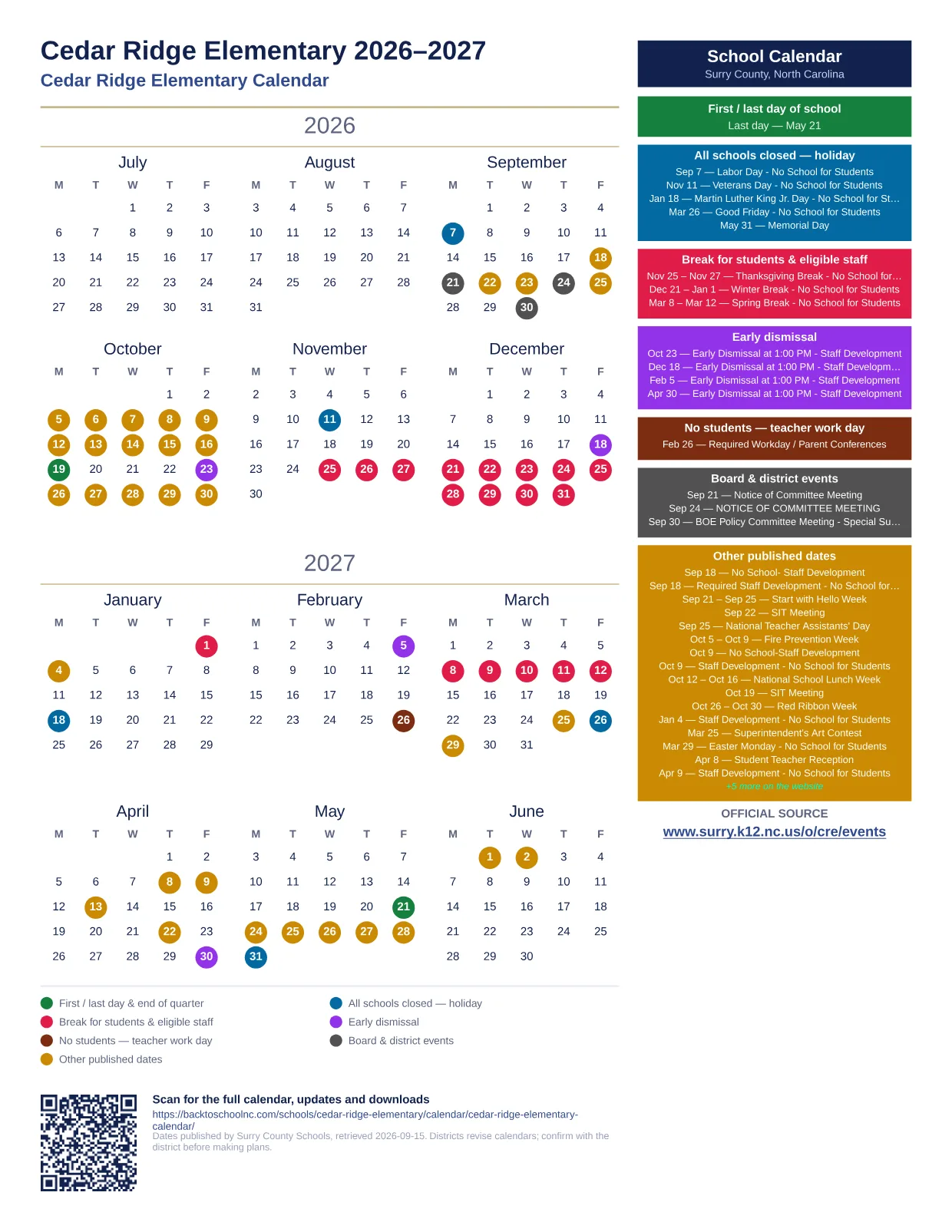 Cedar Ridge Elementary printable calendar