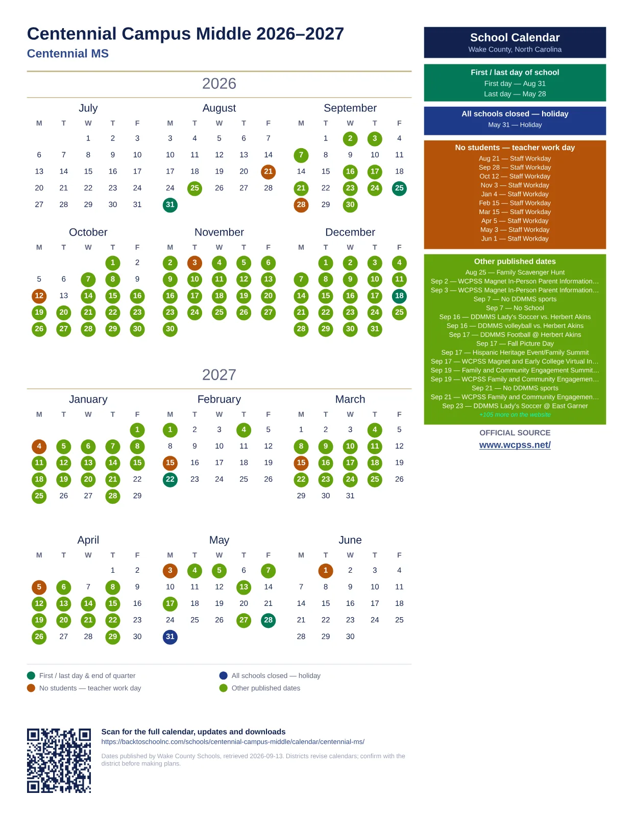 Centennial Campus Middle 2026–2027 printable calendar
