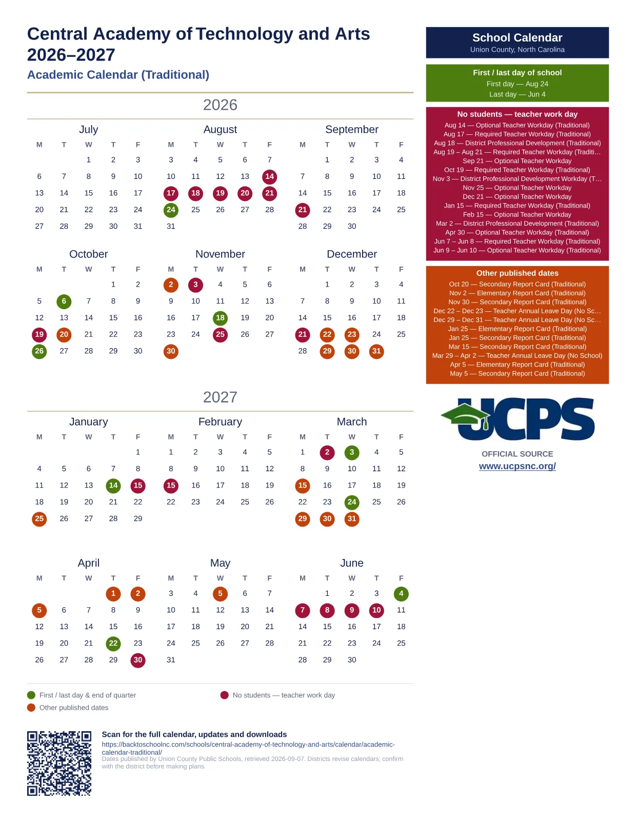 Central Academy of Technology and Arts 2026–2027 printable calendar
