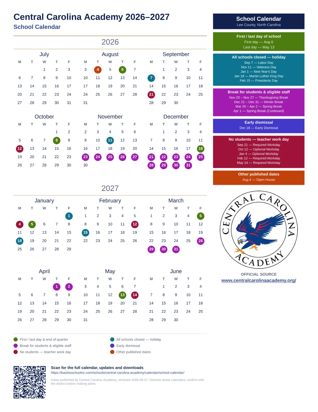 Central Carolina Academy School Calendar 2026–2027 printable calendar