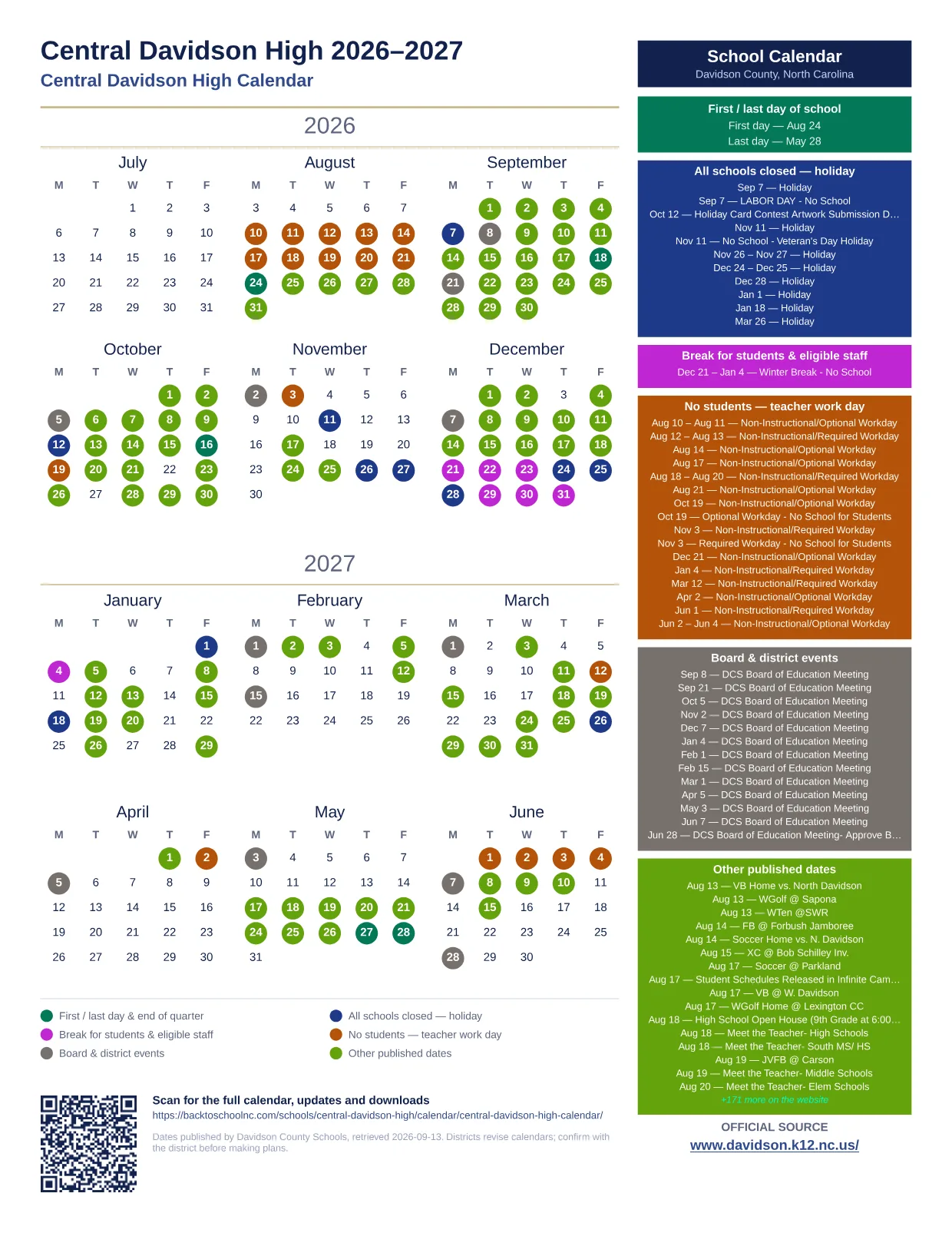Central Davidson High 2026–2027 printable calendar