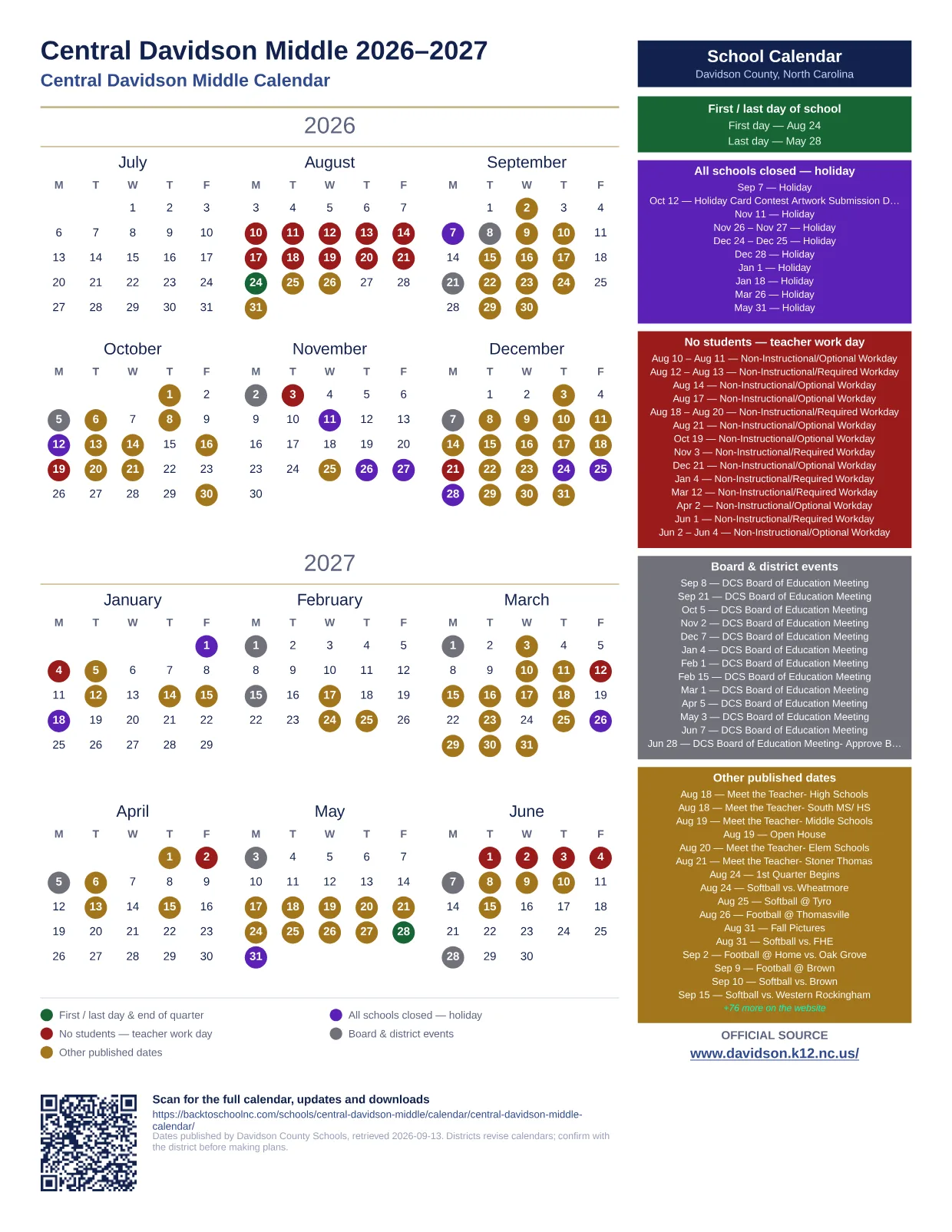 Central Davidson Middle 2026–2027 printable calendar