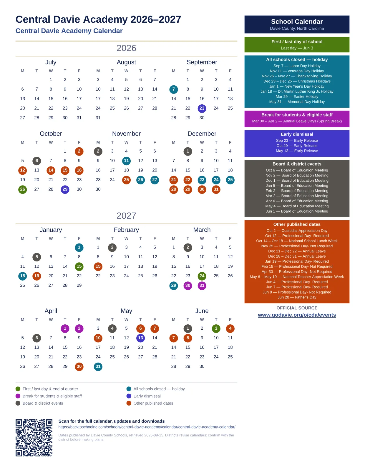 Central Davie Academy  printable calendar