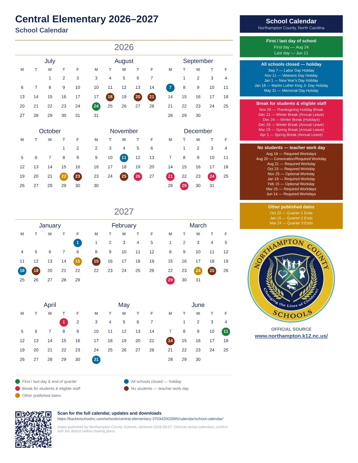 Central Elementary 2026–2027 printable calendar