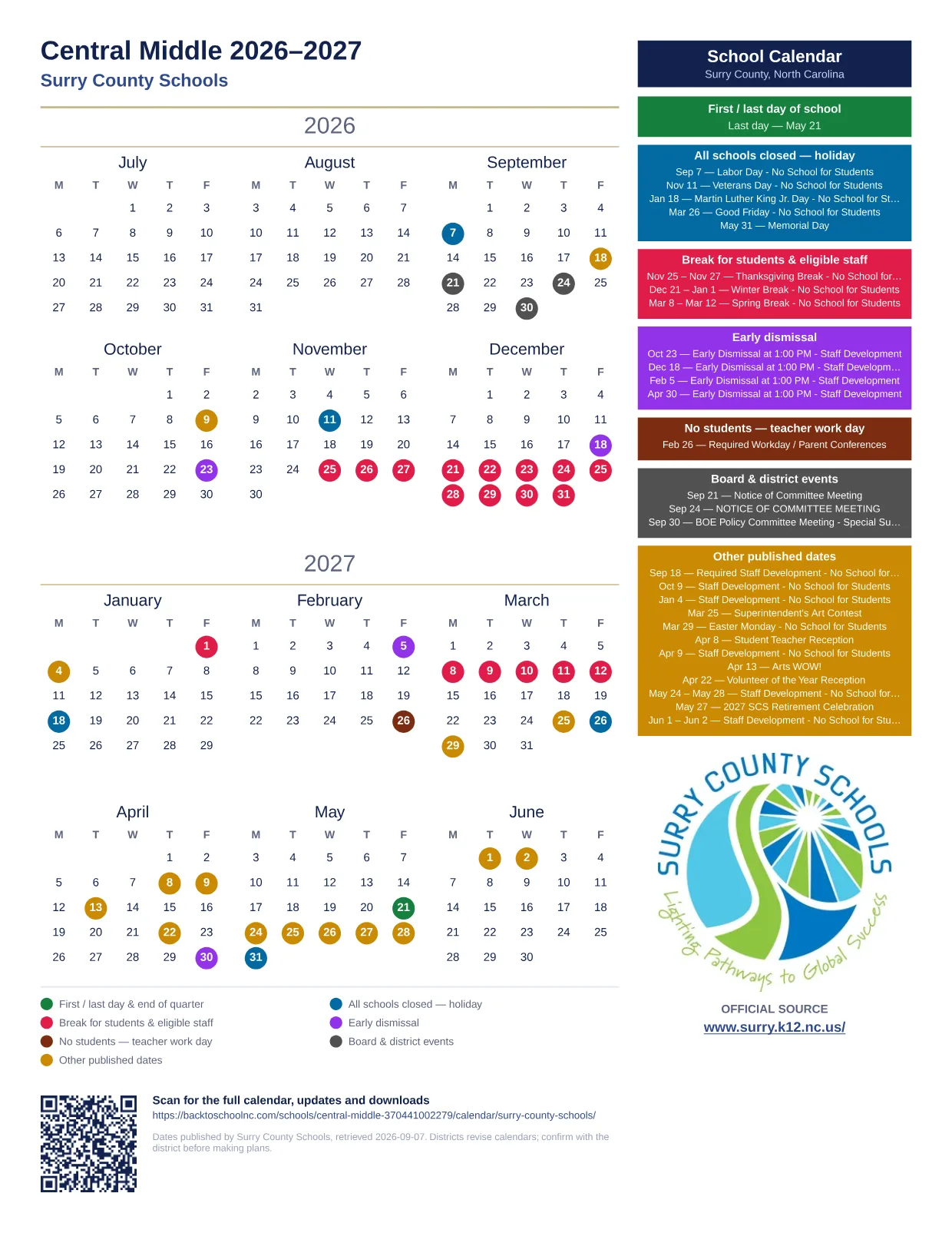 Central Middle  printable calendar
