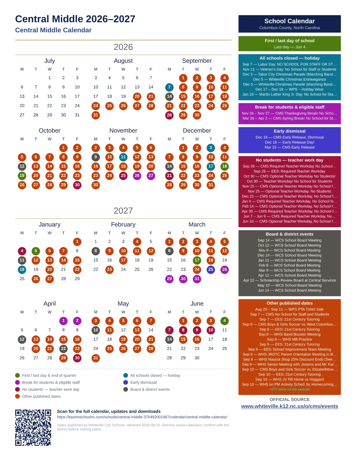 Central Middle  printable calendar