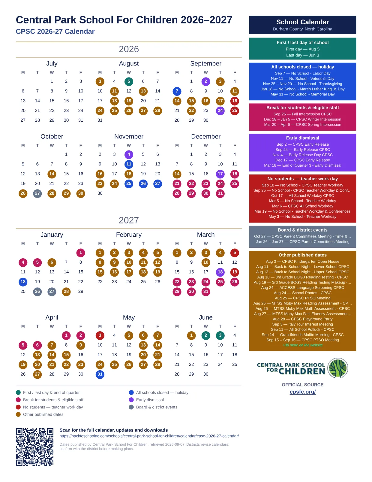 Central Park School For Children CPSC 2026-27 Calendar 2026–2027 printable calendar