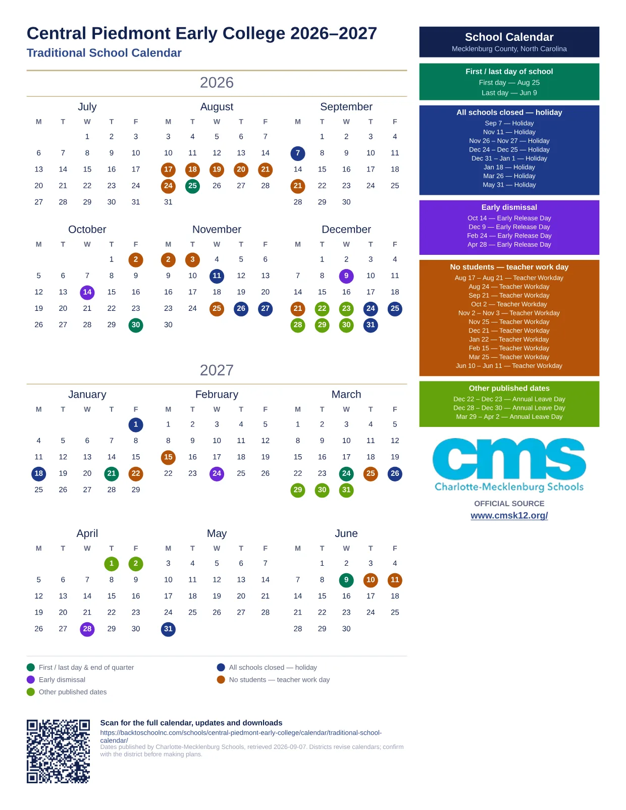 Central Piedmont Early College 2026–2027 printable calendar