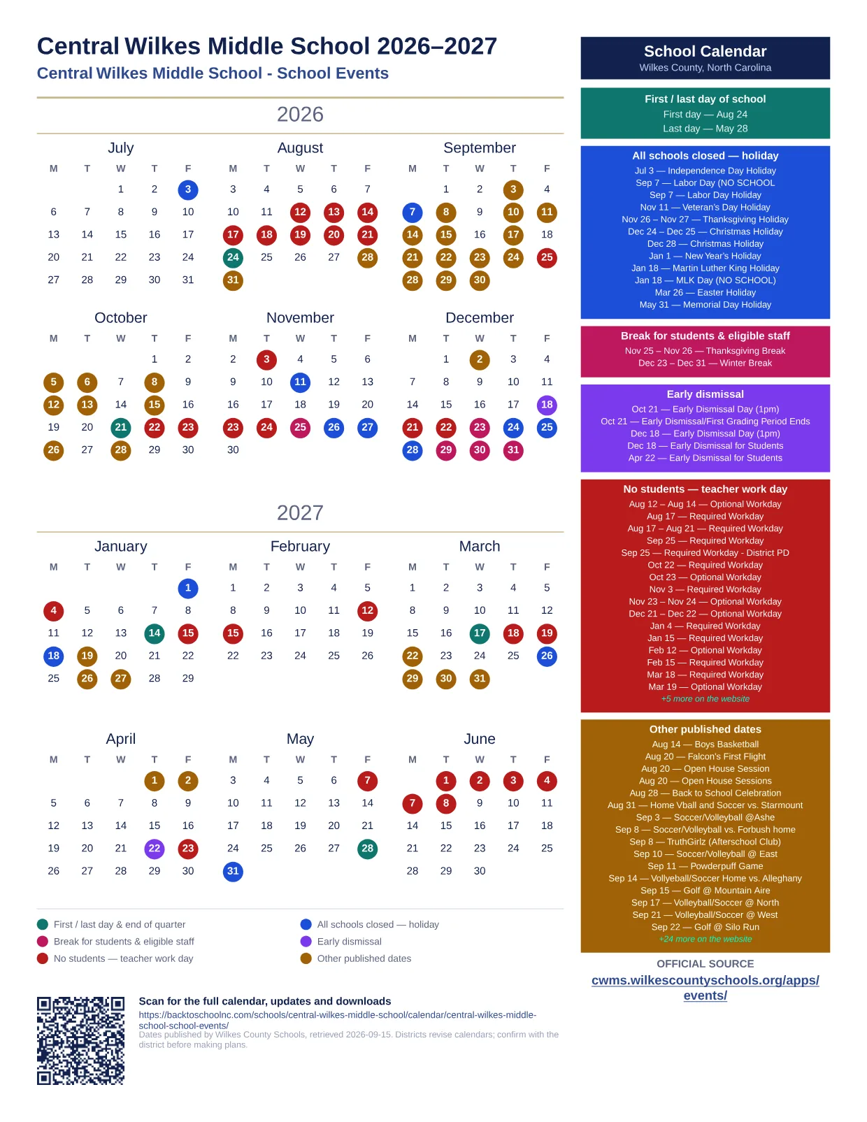Central Wilkes Middle School 2026–2027 printable calendar
