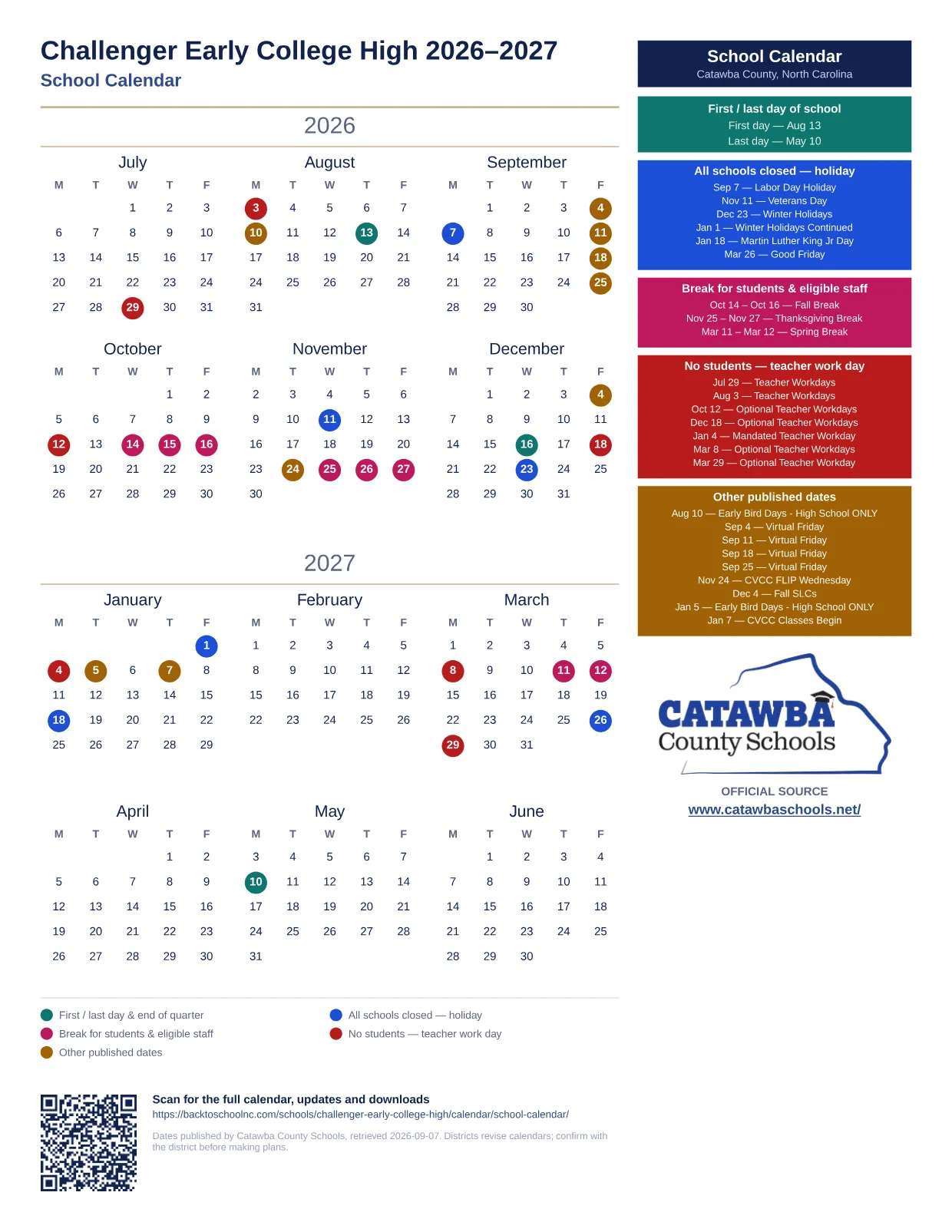 Challenger Early College High 2026–2027 printable calendar