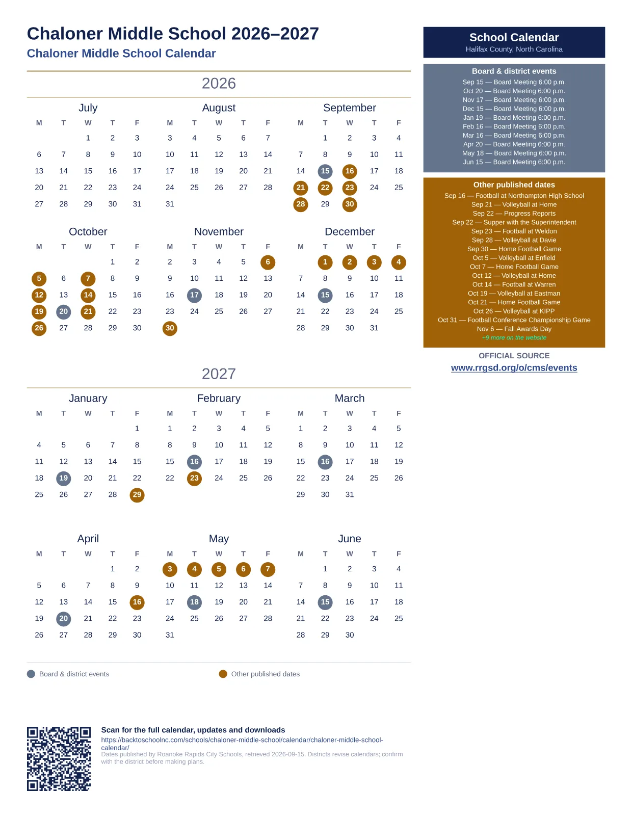 Chaloner Middle School printable calendar