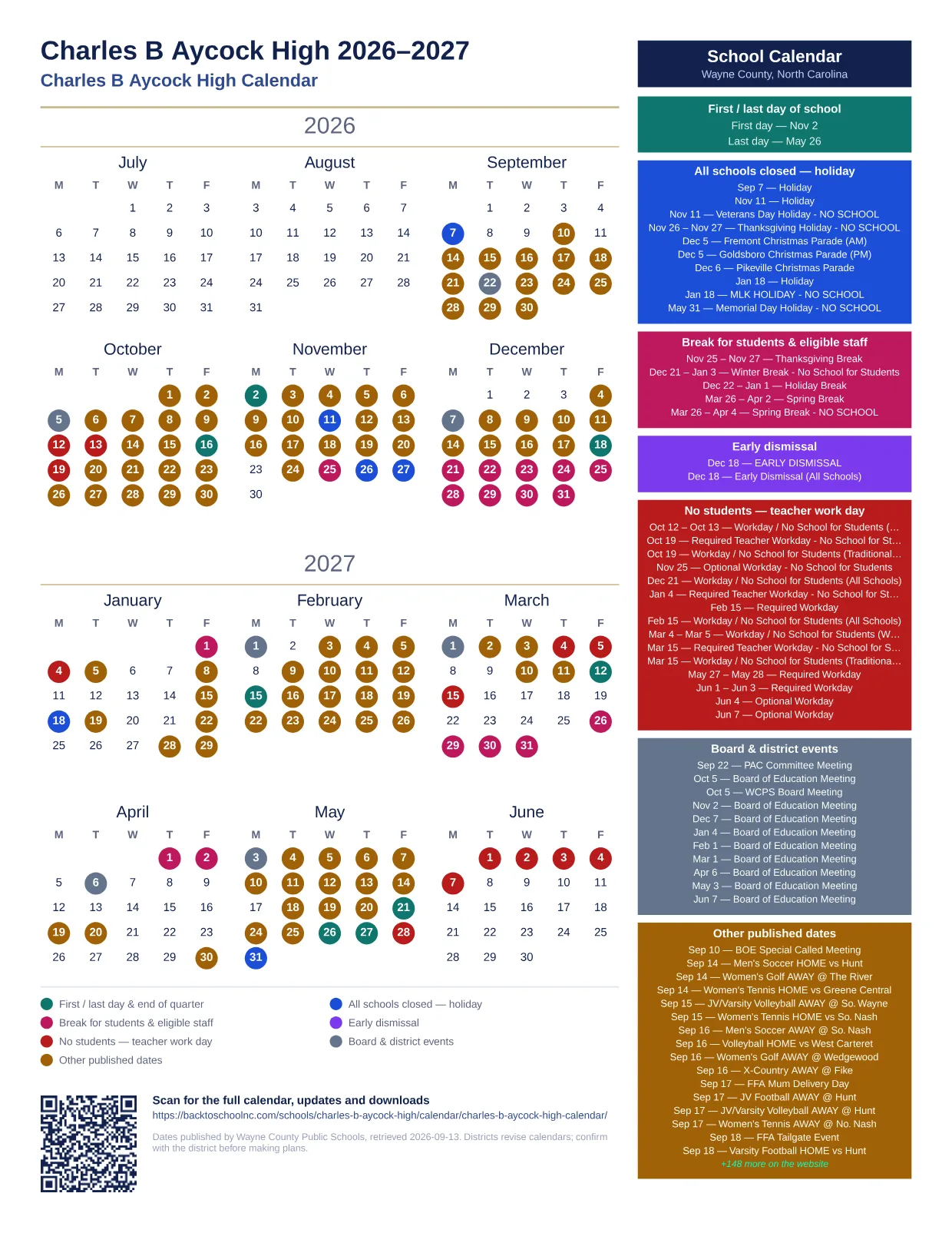 Charles B Aycock High 2026–2027 printable calendar