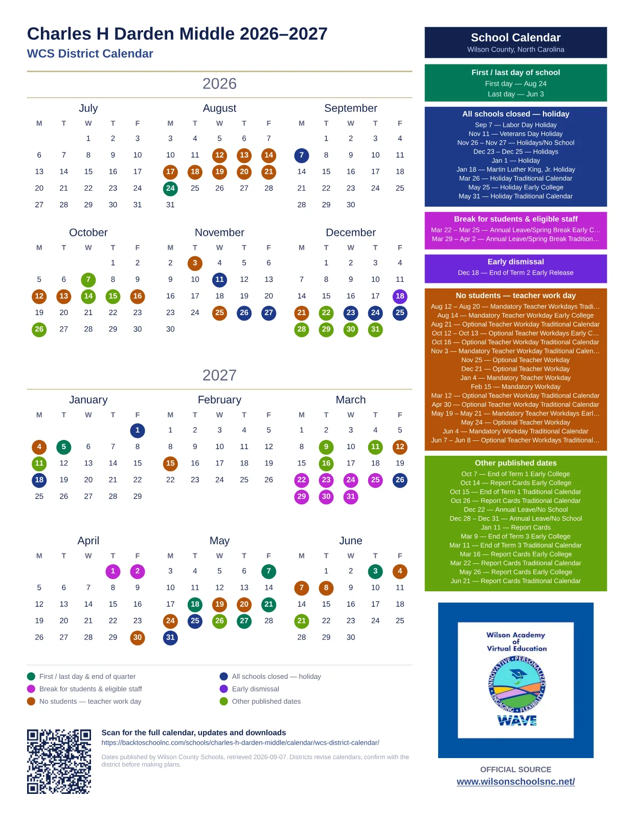 Charles H Darden Middle 2026–2027 printable calendar
