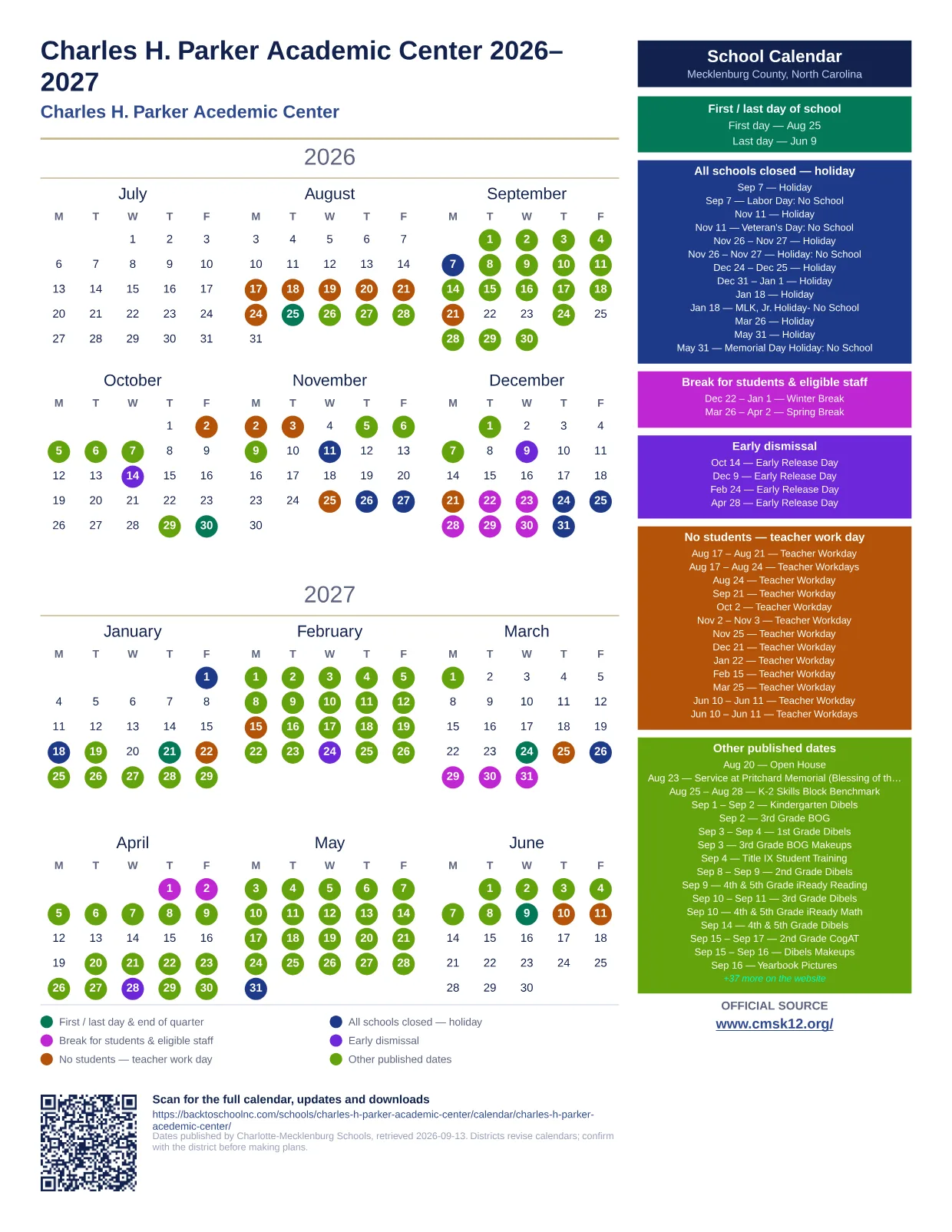 Charles H. Parker Academic Center 2026–2027 printable calendar
