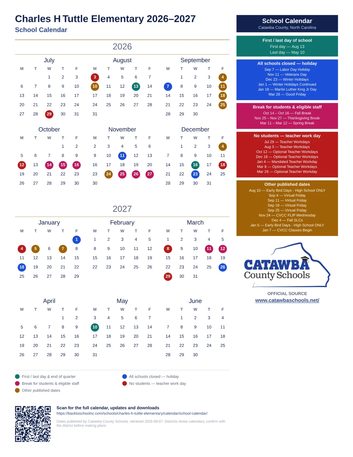 Charles H Tuttle Elementary 2026–2027 printable calendar