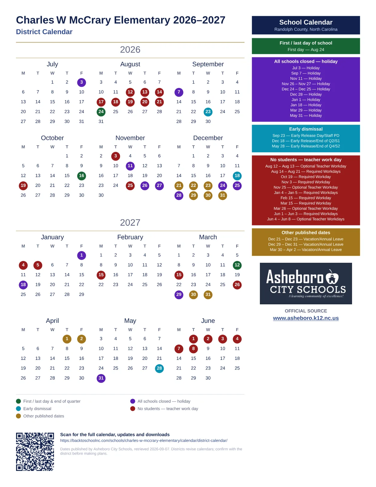 Charles W McCrary Elementary 2026–2027 printable calendar