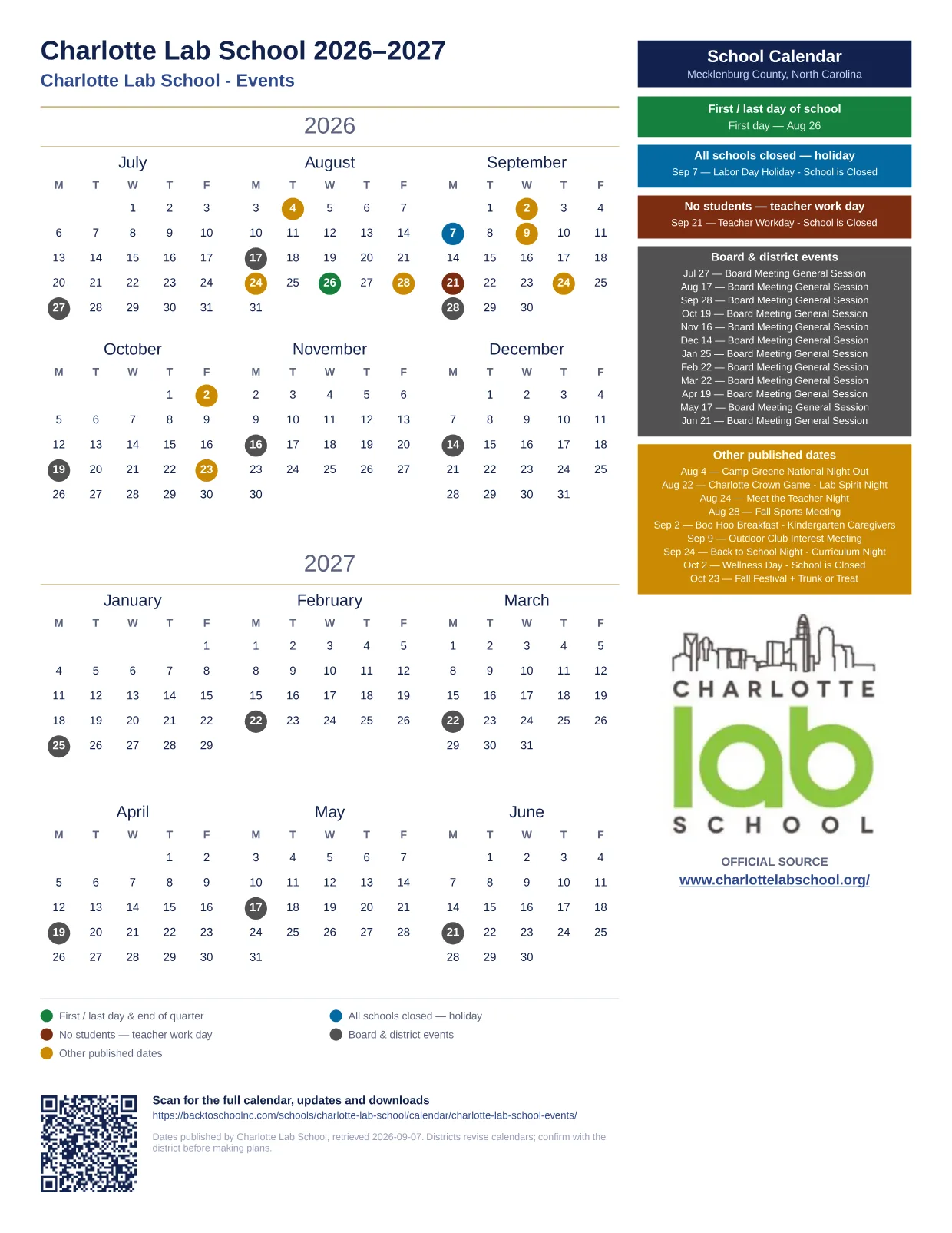 Charlotte Lab School Charlotte Lab School - Events 2026–2027 printable calendar