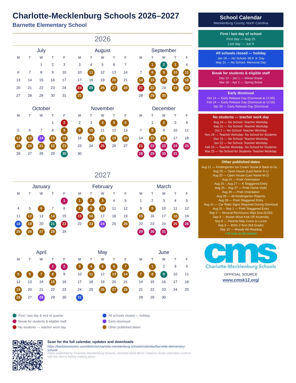 Charlotte-Mecklenburg Schools Barnette Elementary School  printable calendar