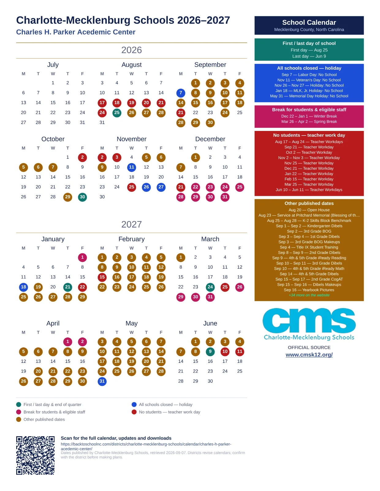 Charlotte-Mecklenburg Schools Charles H. Parker Acedemic Center 2026–2027 printable calendar