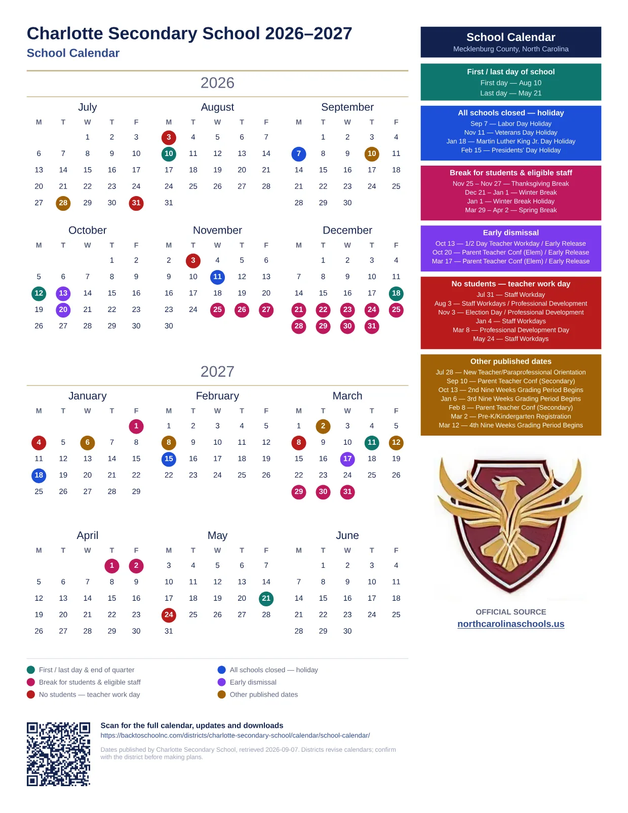 Charlotte Secondary School School Calendar 2026–2027 printable calendar