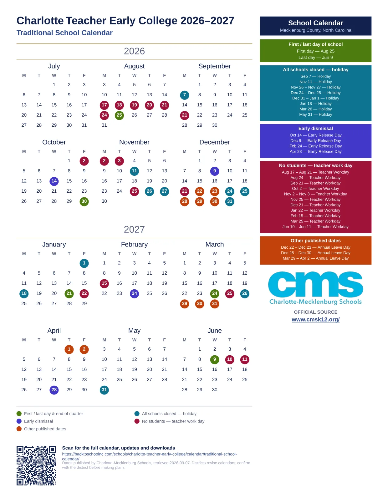 Charlotte Teacher Early College 2026–2027 printable calendar