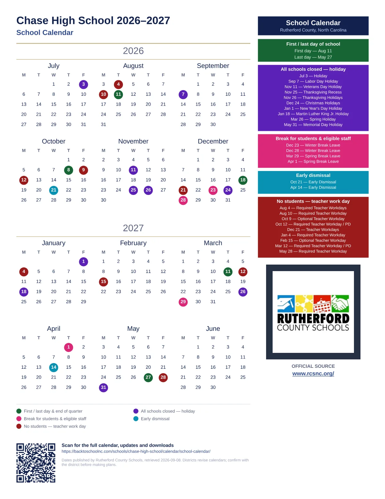 Chase High School 2026–2027 printable calendar