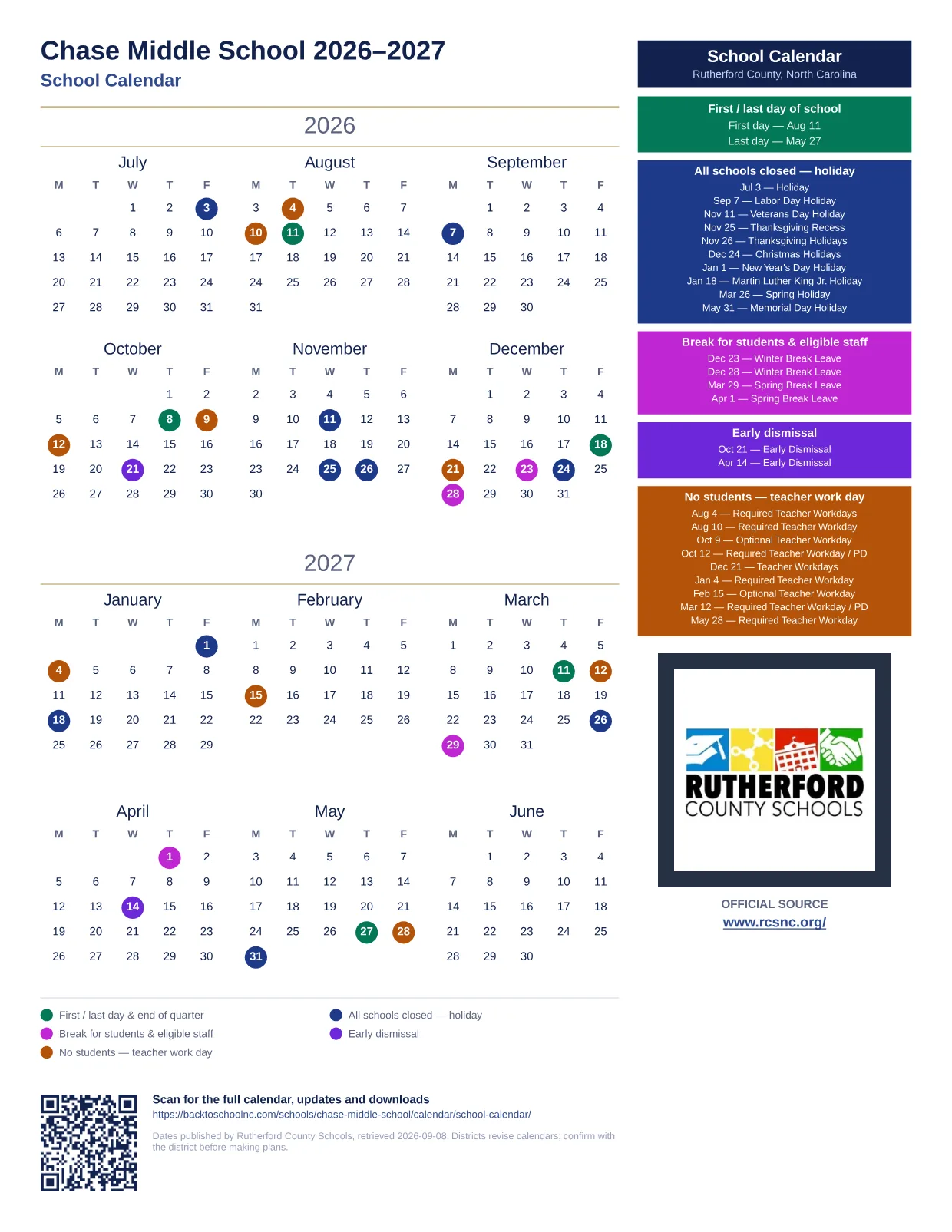 Chase Middle School 2026–2027 printable calendar