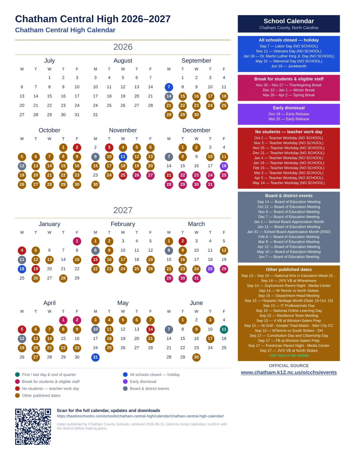 Chatham Central High  printable calendar