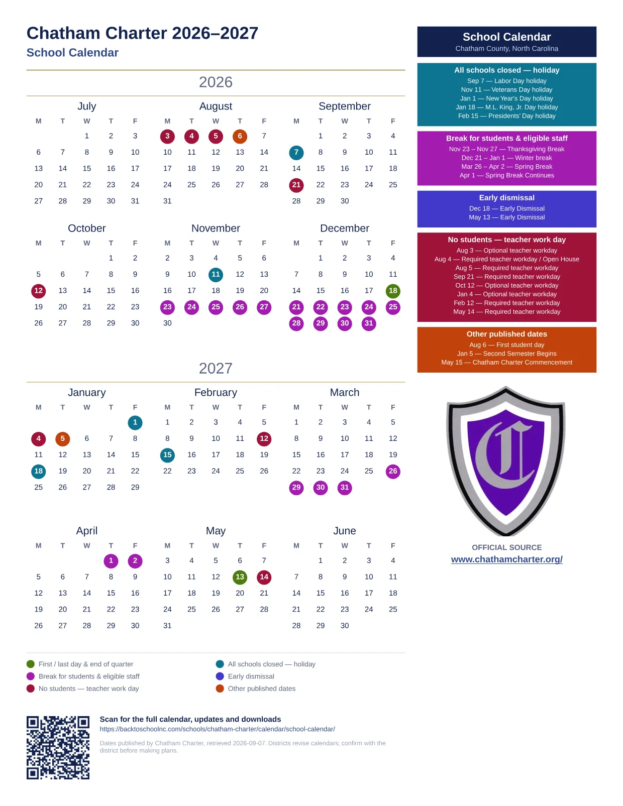 Chatham Charter School Calendar  printable calendar