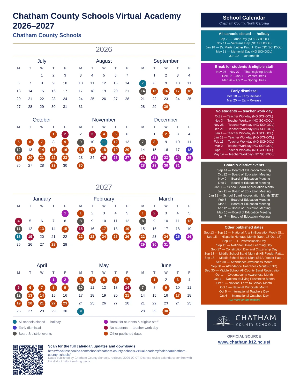 Chatham County Schools Virtual Academy  printable calendar