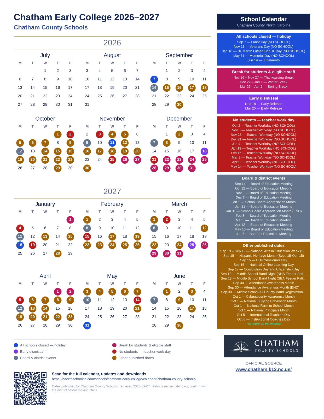 Chatham Early College  printable calendar
