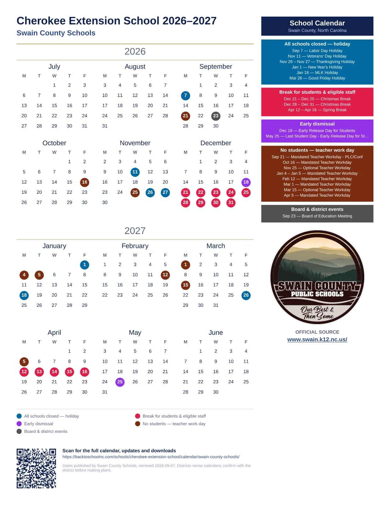 Cherokee Extension School  printable calendar