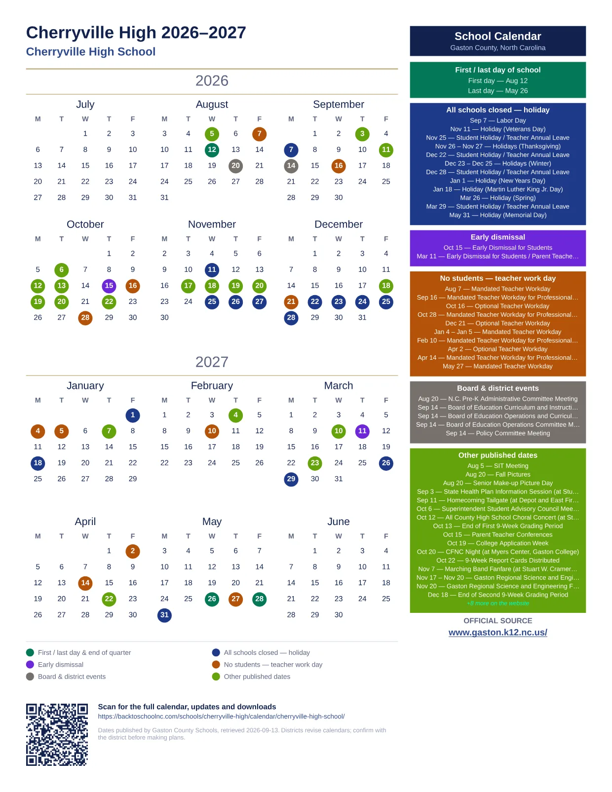 Cherryville High 2026–2027 printable calendar