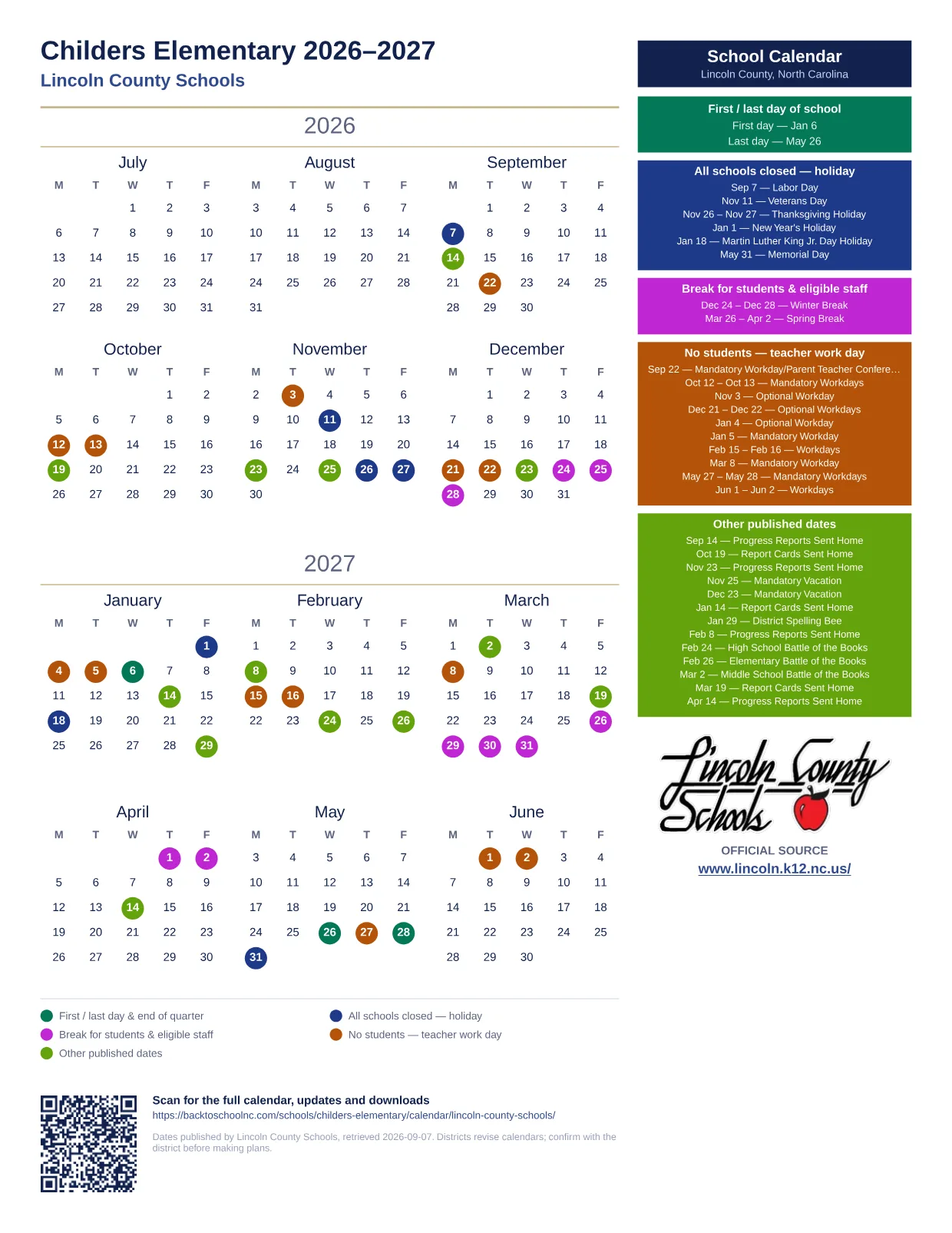 Childers Elementary 2027–2028 printable calendar
