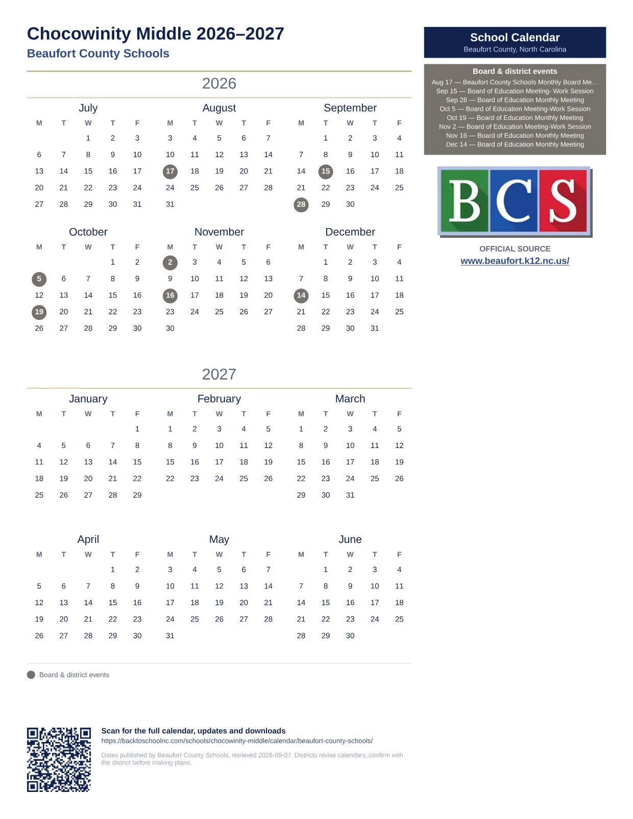 Chocowinity Middle  printable calendar
