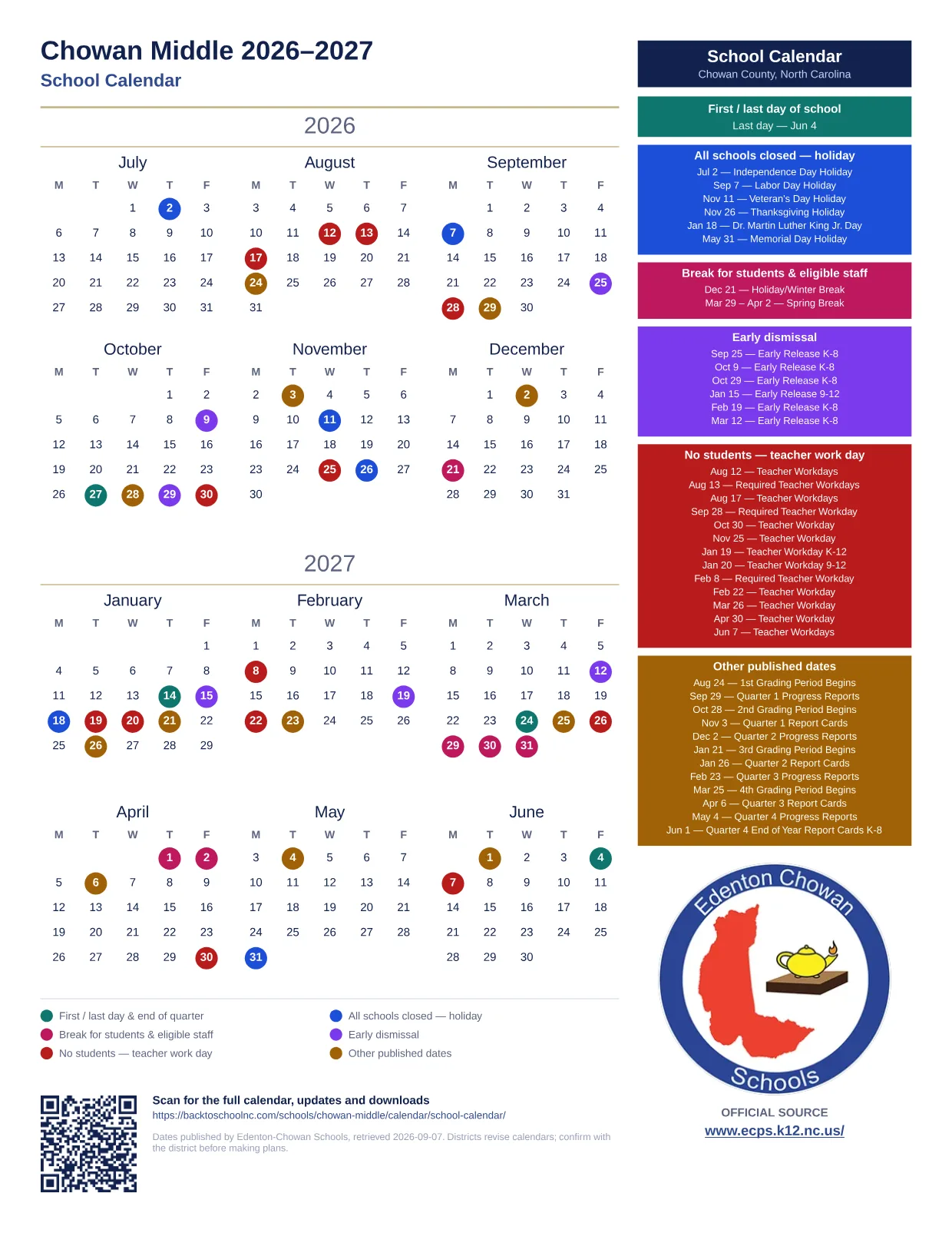 Chowan Middle  printable calendar