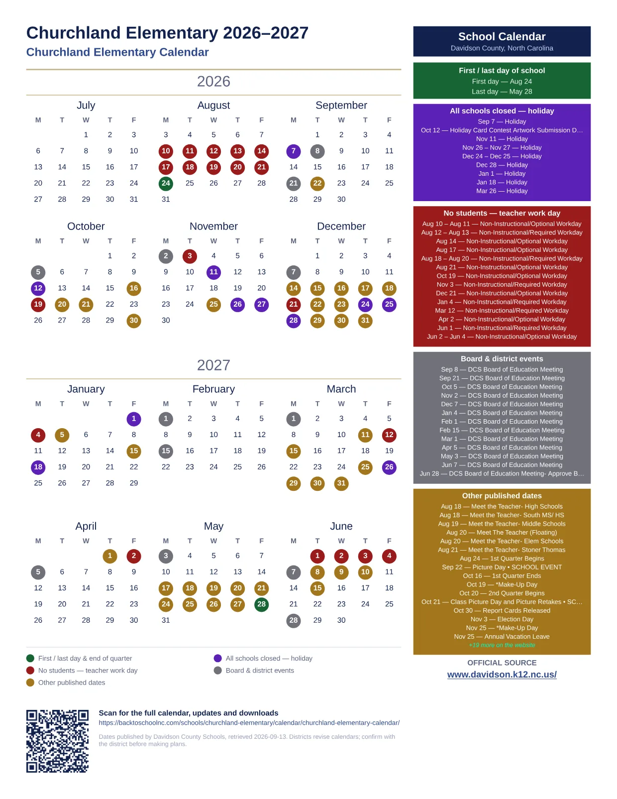Churchland Elementary 2026–2027 printable calendar