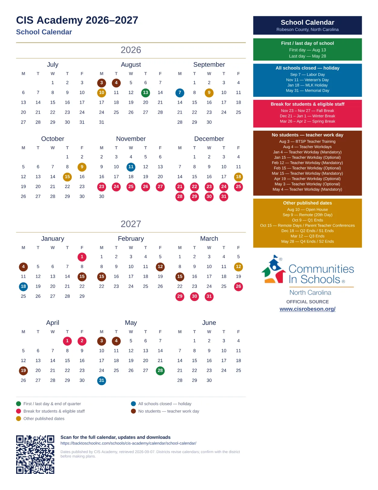 CIS Academy School Calendar 2026–2027 printable calendar